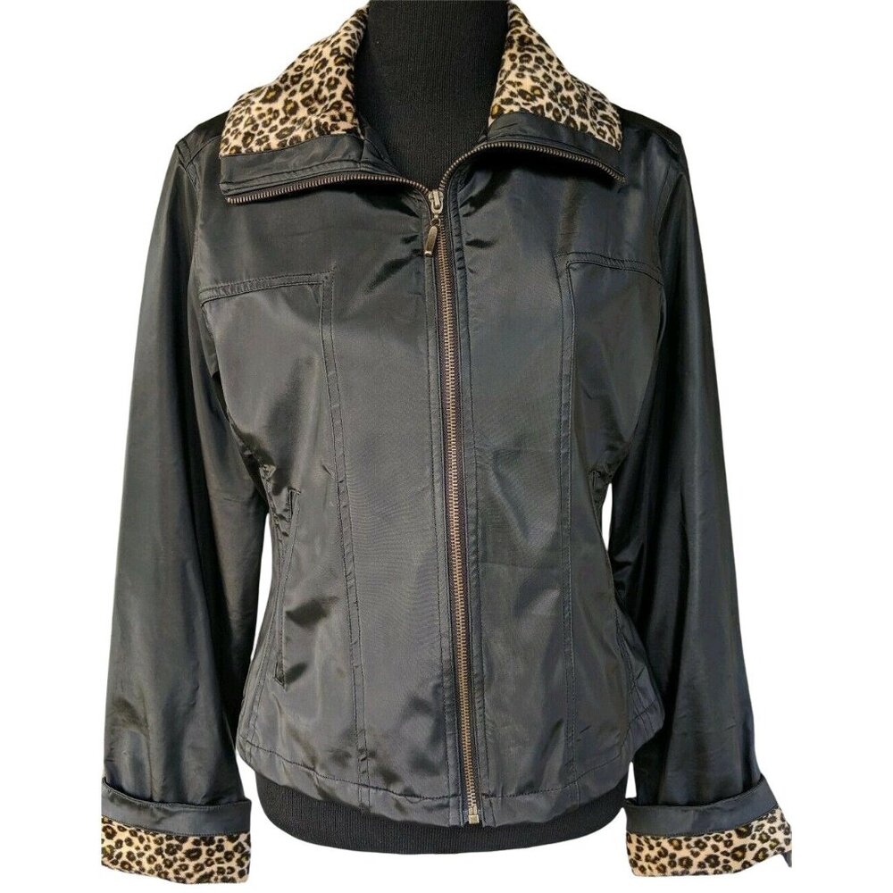 Jacket Zip Up Black Satin w Plush Leopard Print Collar & Cuff Women's Small
